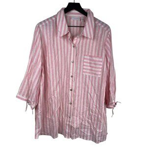 Susan Graver Pure Top Button Up Linen Blend Pink White Stripe Sz 1XP Preppy